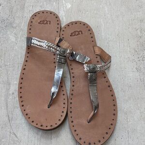 UGG Women's Brown Leather Sandal with Metallic Braided Straps